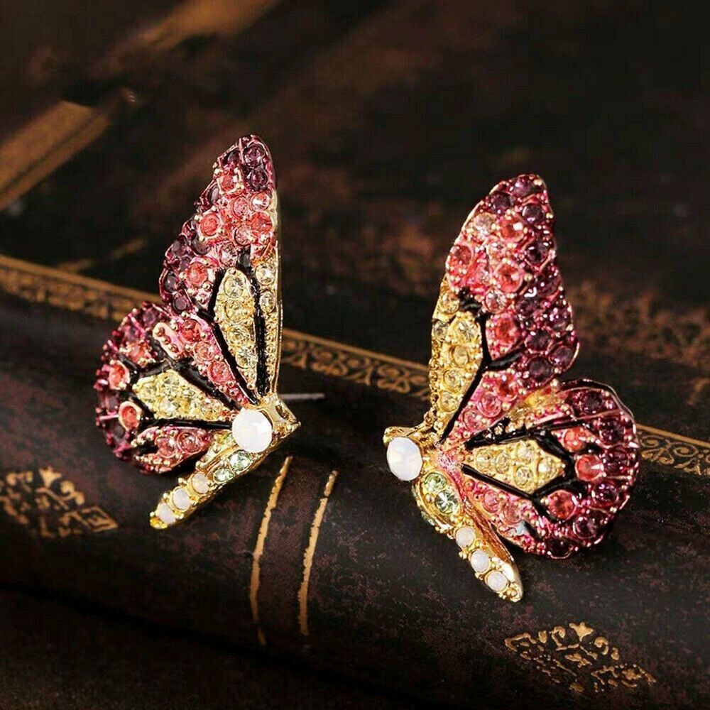 Colorful Sparkling BUTTERFLY Earrings NEW Red Pink Rhinestones Pierced Stud - Picture 4 of 9